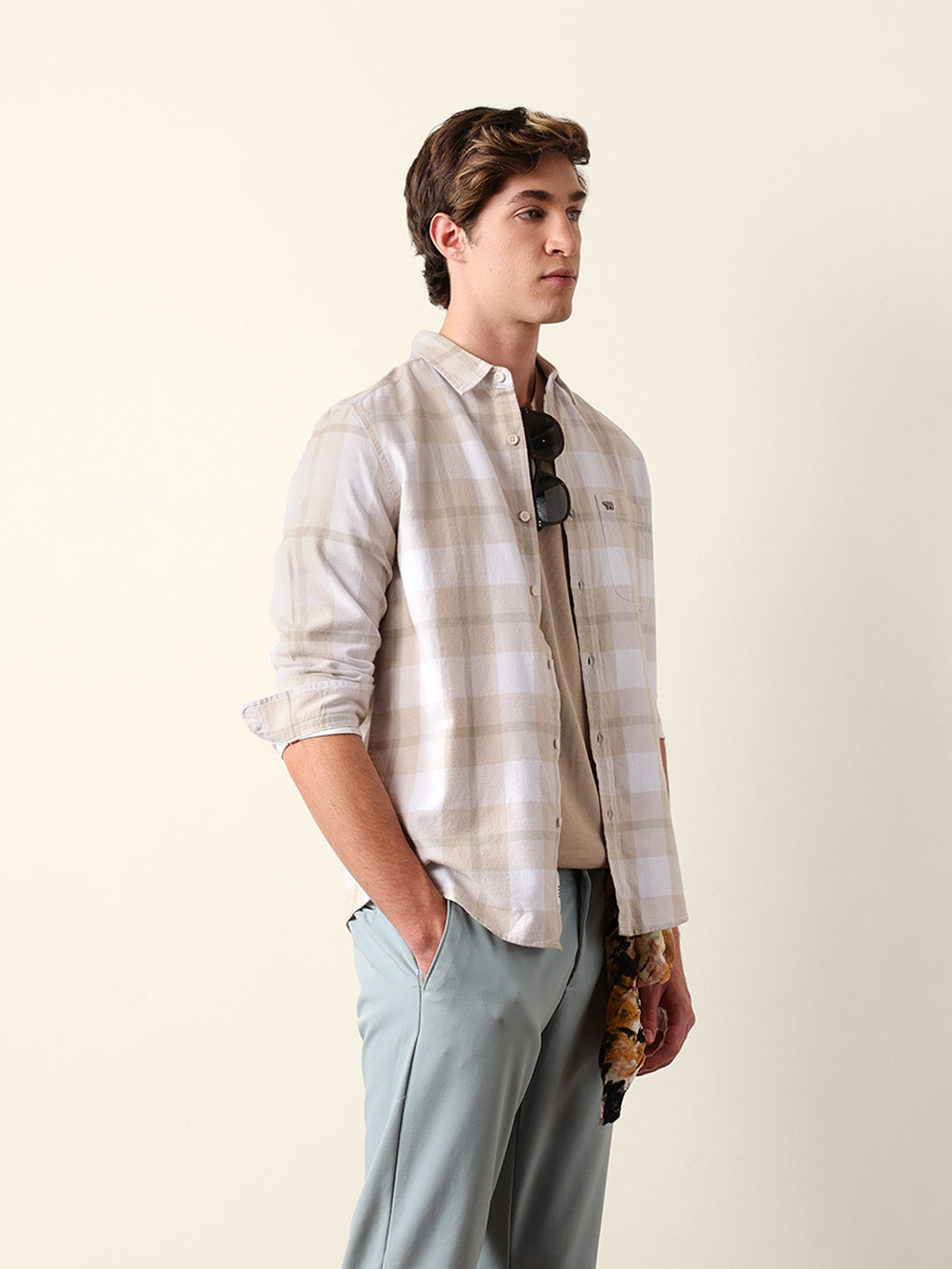 beige & green checked flannel regular fit casual shirt beige & green checked flannel regular fit casual shirt
