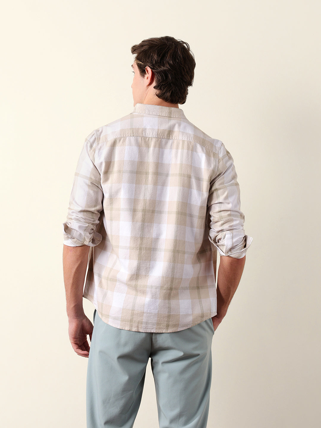 beige & green checked flannel regular fit casual shirt beige & green checked flannel regular fit casual shirt