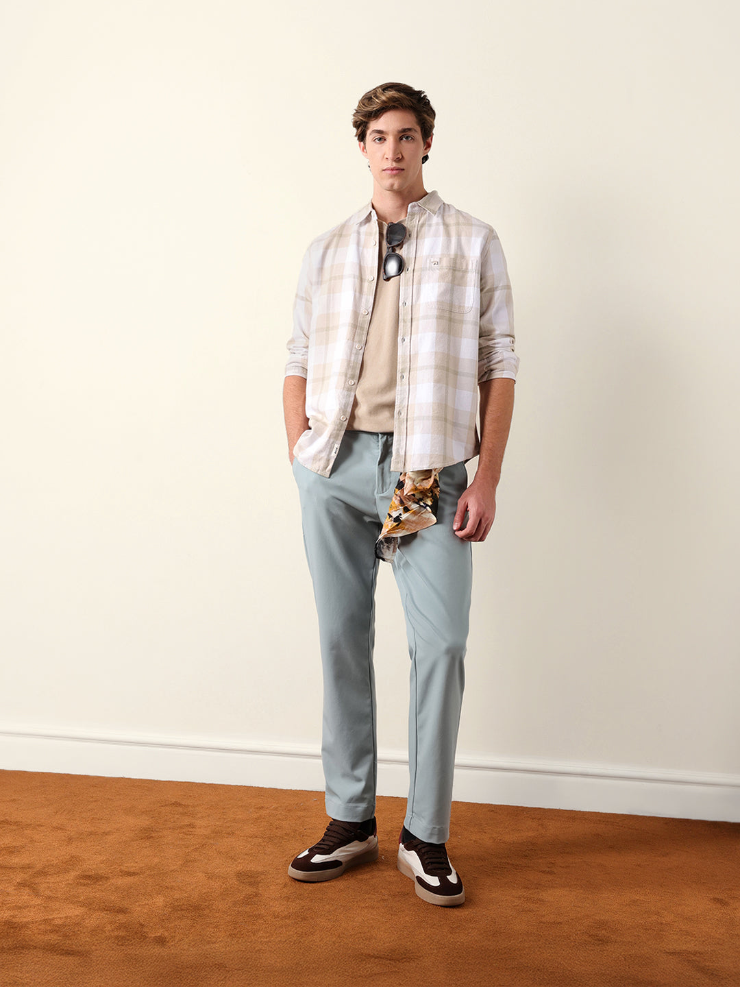 beige & green checked flannel regular fit casual shirt beige & green checked flannel regular fit casual shirt
