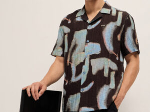 black viscose abstract print relaxed fit cuban collar shirt