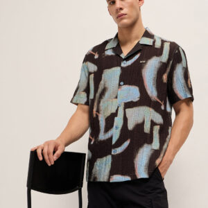 black viscose abstract print relaxed fit cuban collar shirt