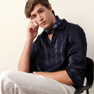 navy regular fit casual shirt with crinkle effect & subtle sheen finish