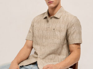 beige crinkle textured regular fit half sleeve casual shirt