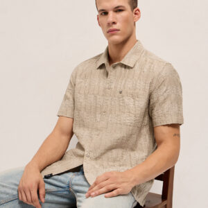 beige crinkle textured regular fit half sleeve casual shirt