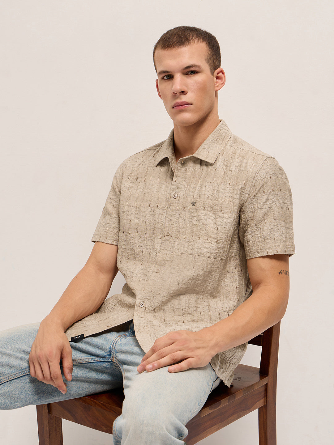 beige crinkle textured regular fit half sleeve casual shirt beige crinkle textured regular fit half sleeve casual shirt