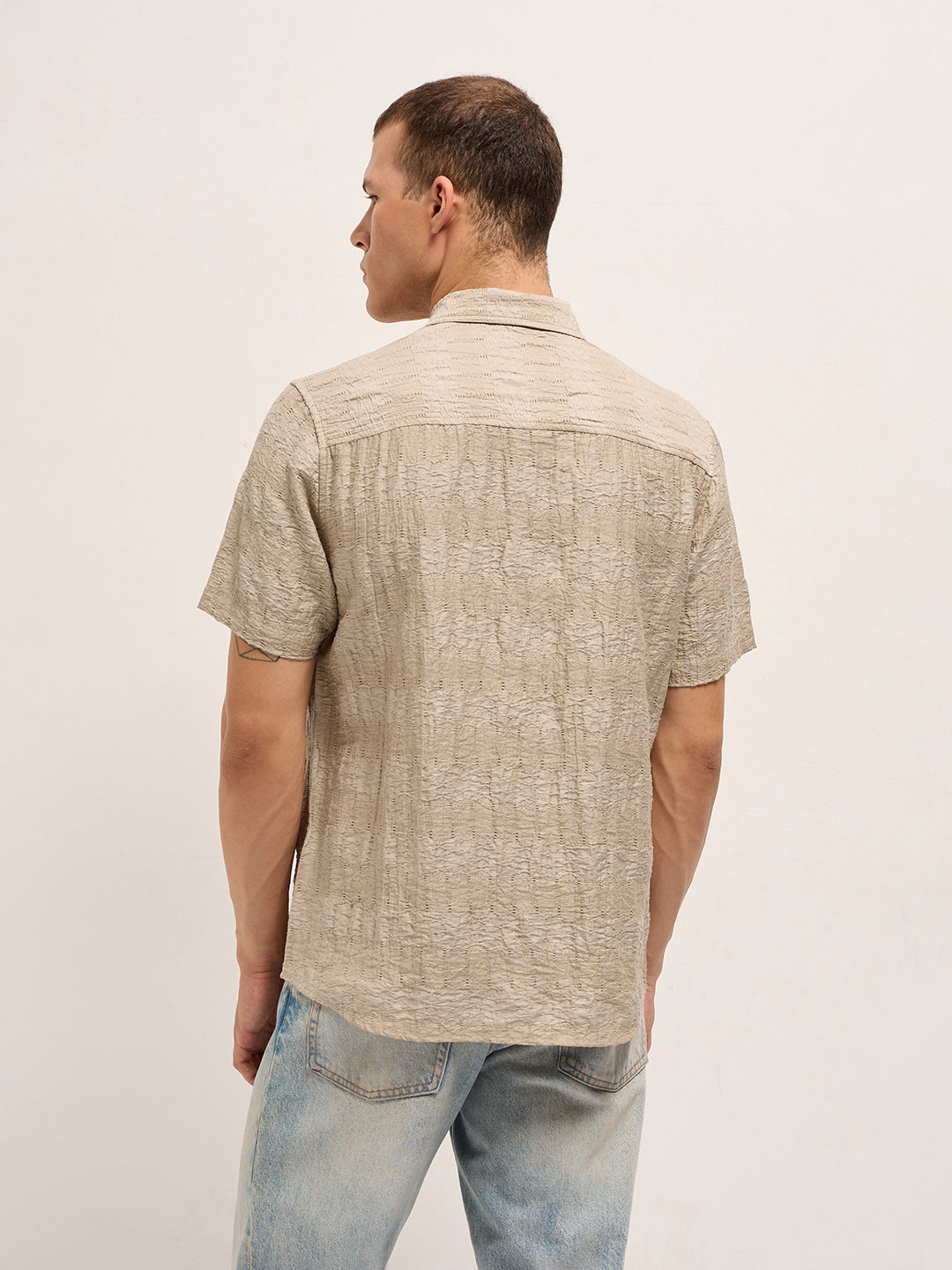 beige crinkle textured regular fit half sleeve casual shirt beige crinkle textured regular fit half sleeve casual shirt