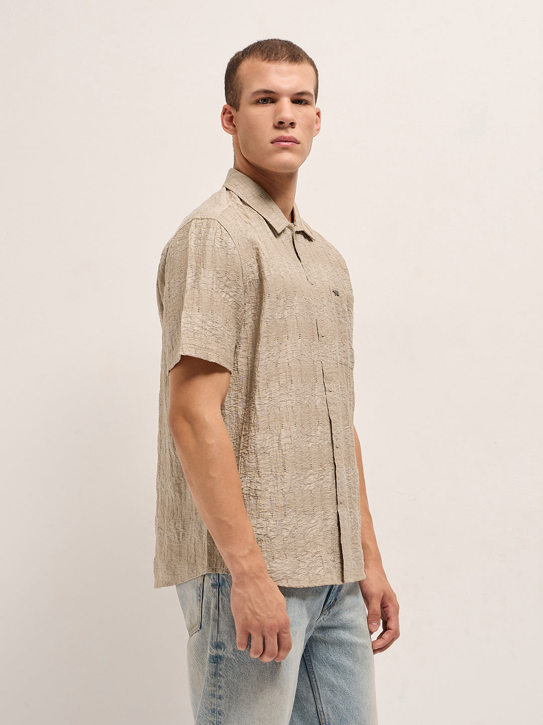 beige crinkle textured regular fit half sleeve casual shirt beige crinkle textured regular fit half sleeve casual shirt