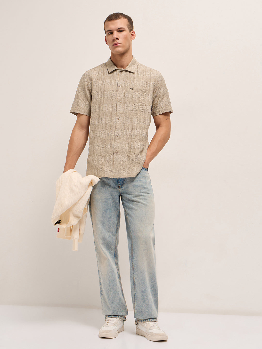 beige crinkle textured regular fit half sleeve casual shirt beige crinkle textured regular fit half sleeve casual shirt