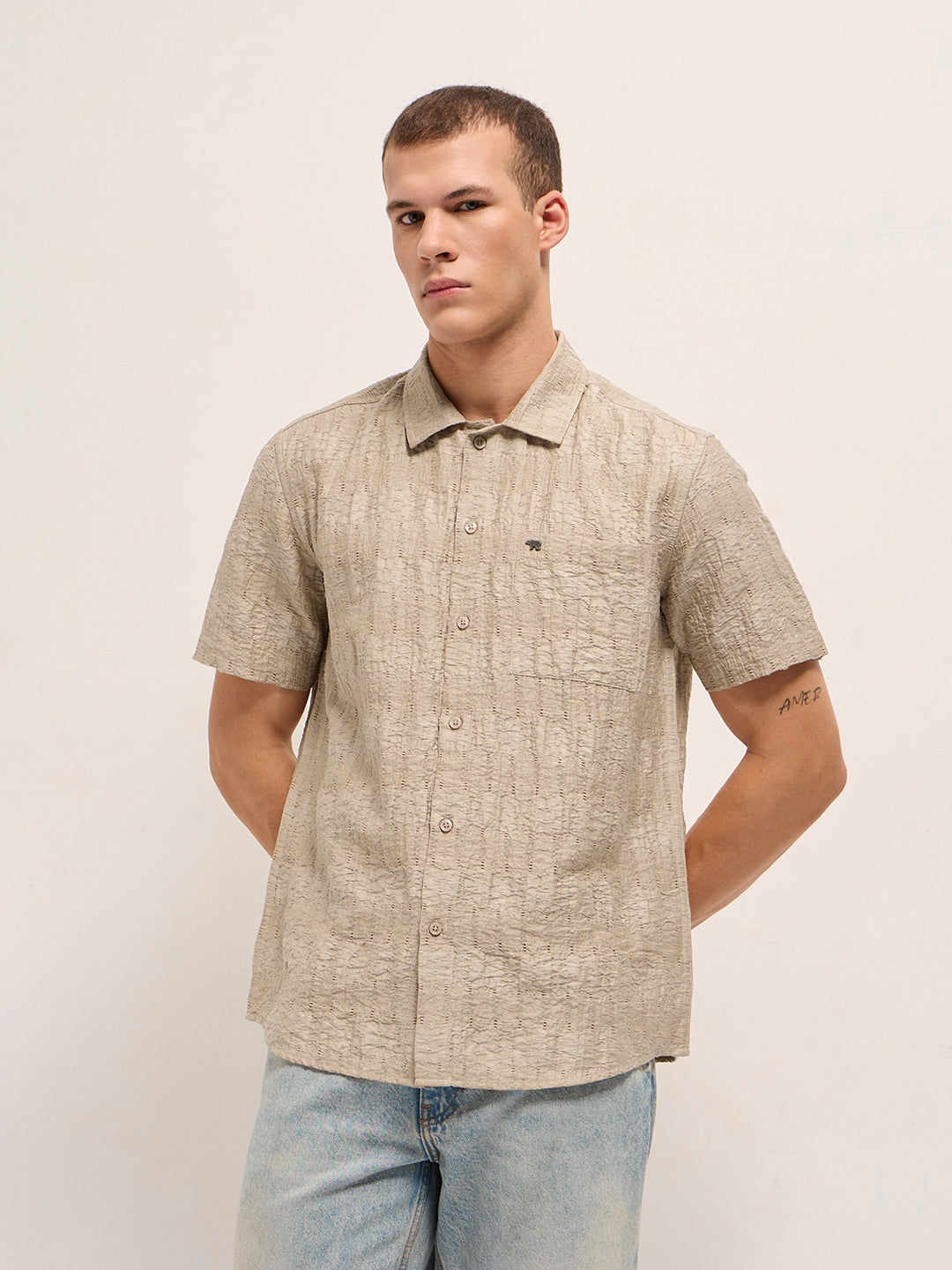 beige crinkle textured regular fit half sleeve casual shirt beige crinkle textured regular fit half sleeve casual shirt
