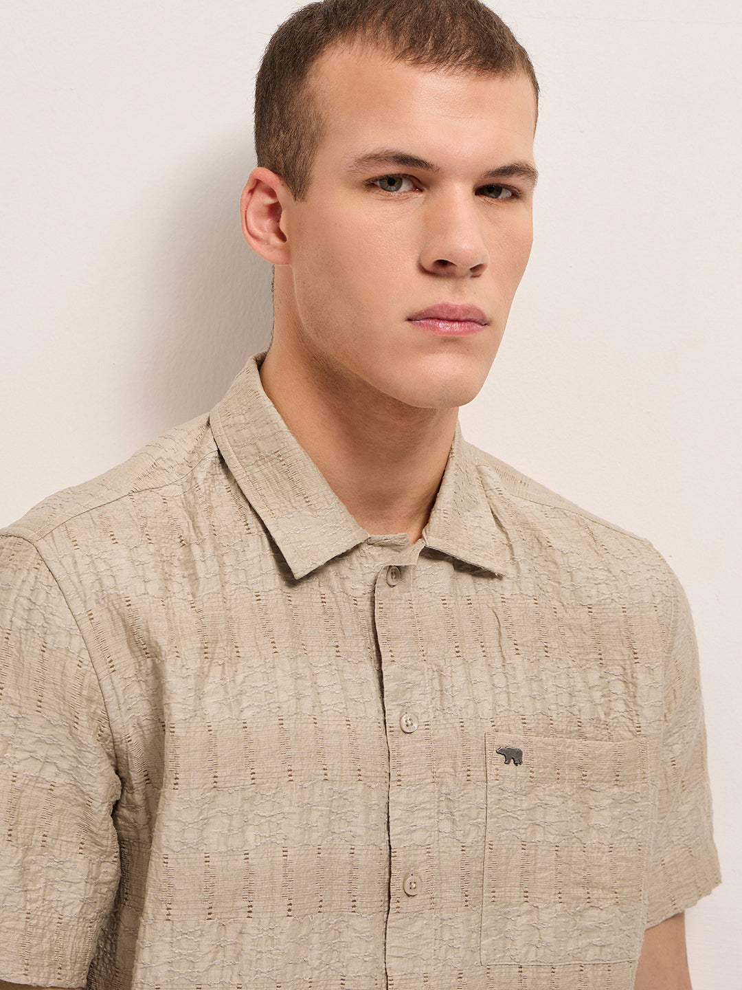 beige crinkle textured regular fit half sleeve casual shirt beige crinkle textured regular fit half sleeve casual shirt