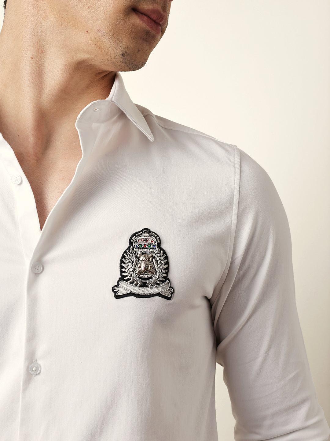 white tailored fit regal crest embroidery formal party shirt white tailored fit regal crest embroidery formal party shirt