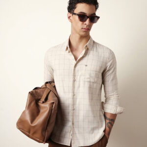 cream slim fit casual shirt with woven block checks