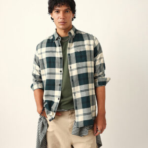 green & cream woven check slim fit casual shirt