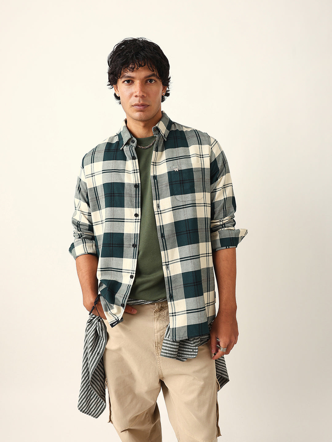 green & cream woven check slim fit casual shirt green & cream woven check slim fit casual shirt