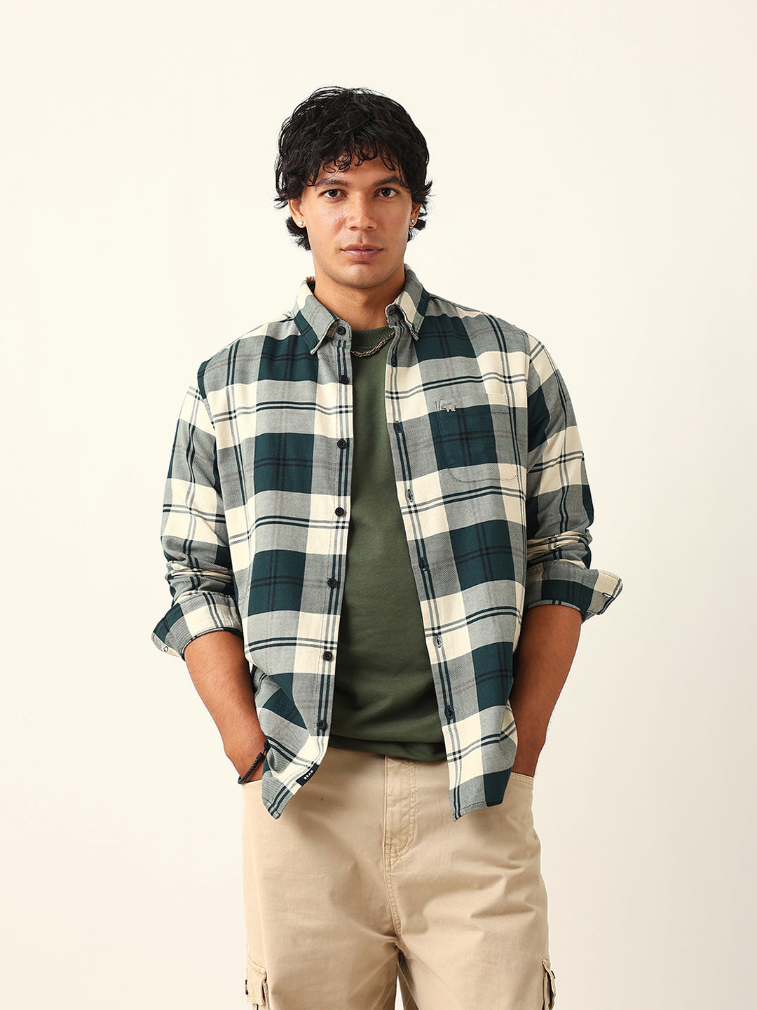 green & cream woven check slim fit casual shirt green & cream woven check slim fit casual shirt