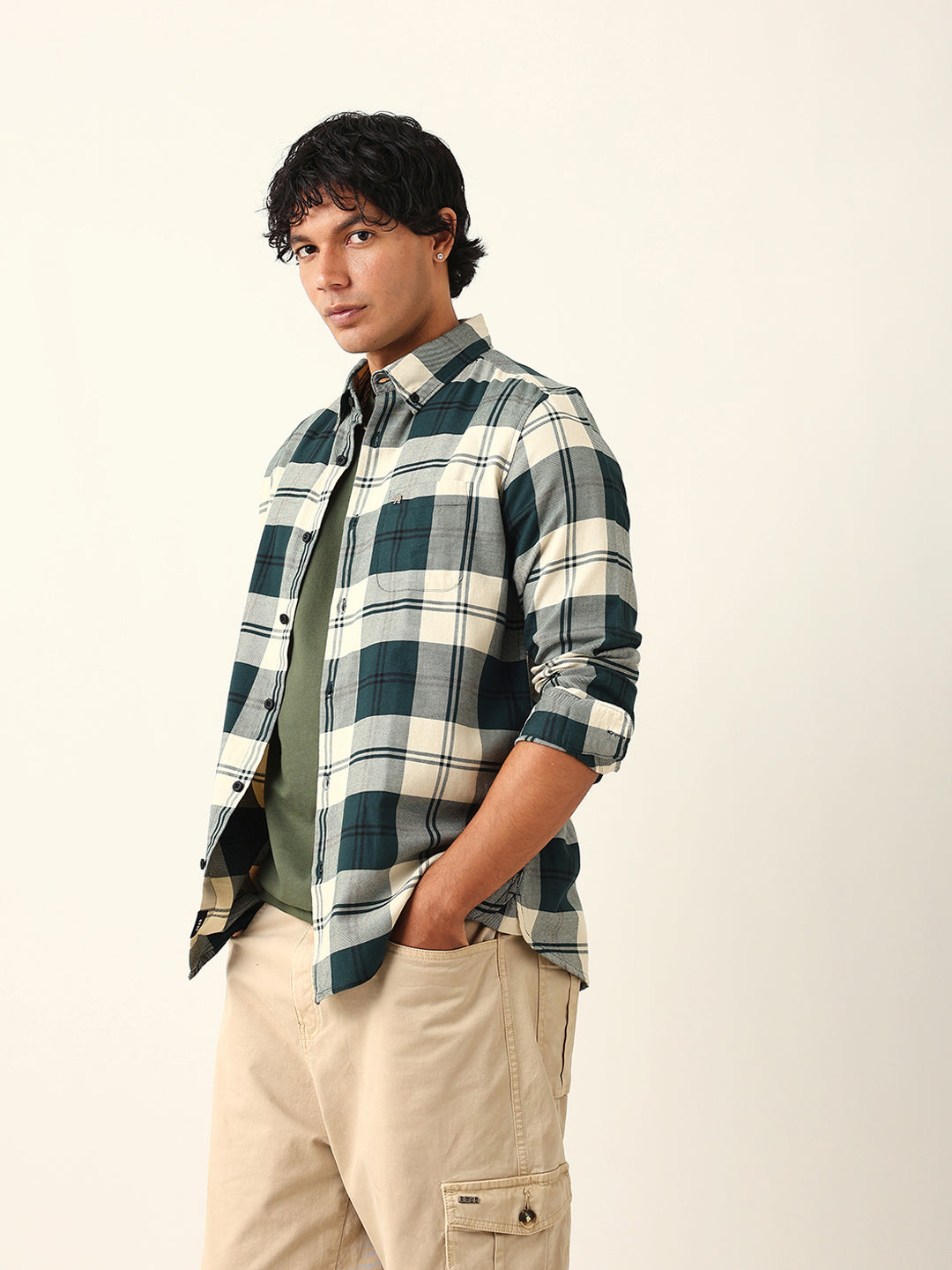 green & cream woven check slim fit casual shirt green & cream woven check slim fit casual shirt