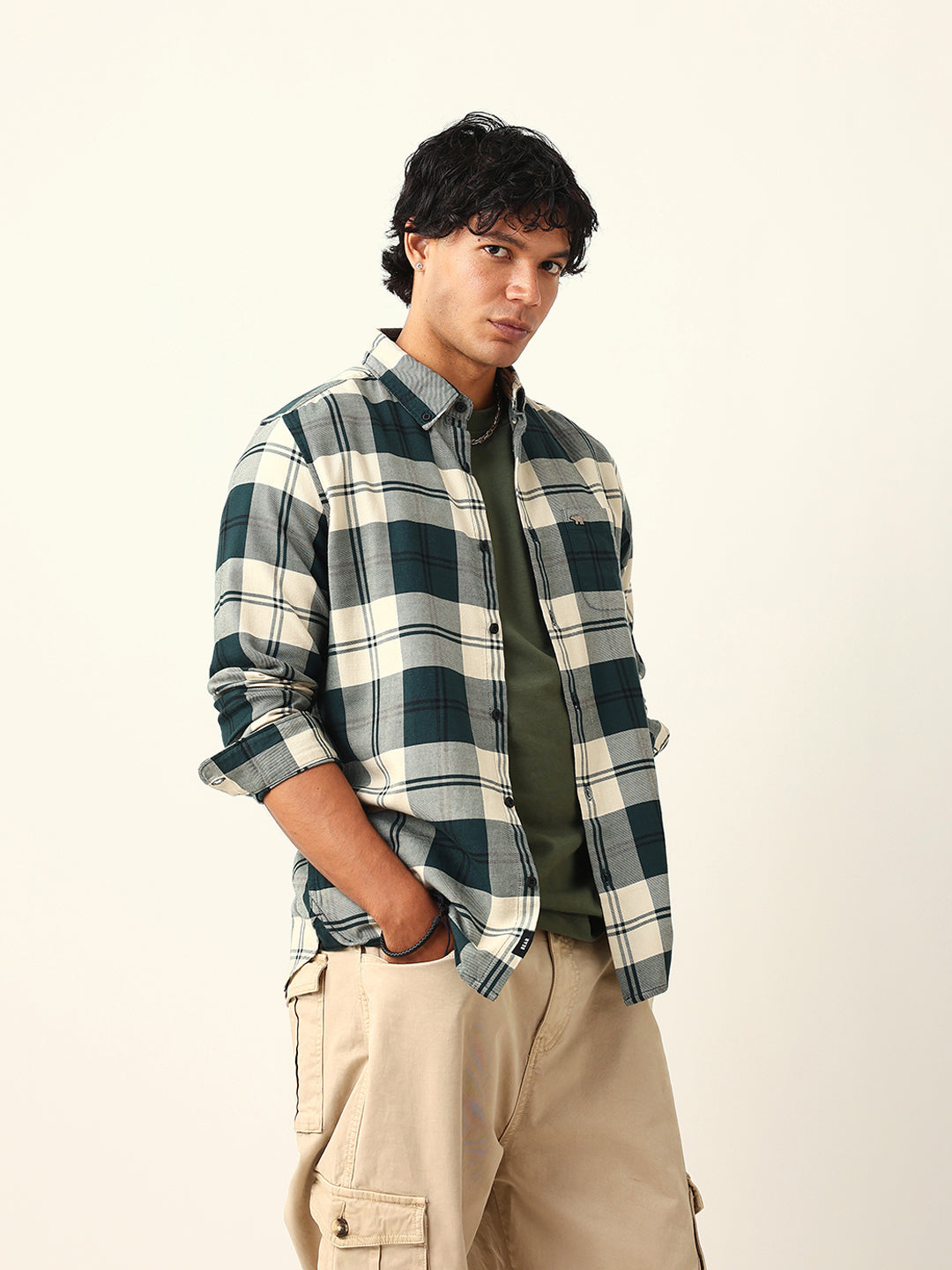 green & cream woven check slim fit casual shirt green & cream woven check slim fit casual shirt
