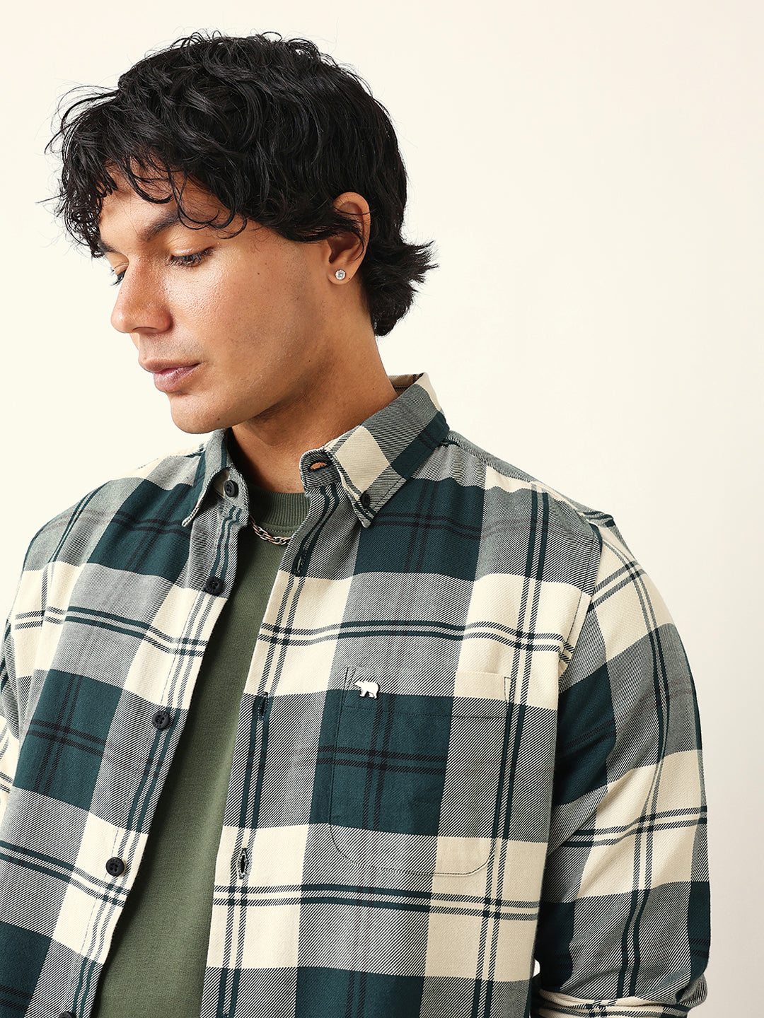 green & cream woven check slim fit casual shirt green & cream woven check slim fit casual shirt
