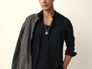 black crinkle textured slim fit casual shirt