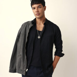 black crinkle textured slim fit casual shirt