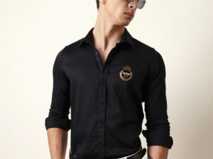black tailored fit formal party shirt with regal crest embroidery