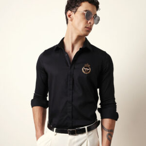 black tailored fit formal party shirt with regal crest embroidery