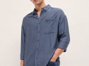 blue viscose herringbone design relax fit casual shirt