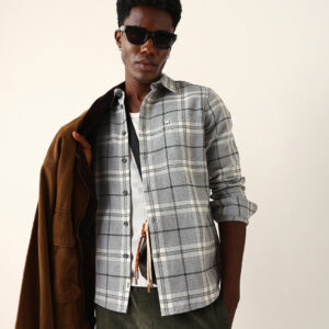 grey herringbone flannel checked regular fit casual shirt