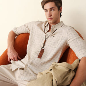 cream slim fit casual shirt with woven block check pattern