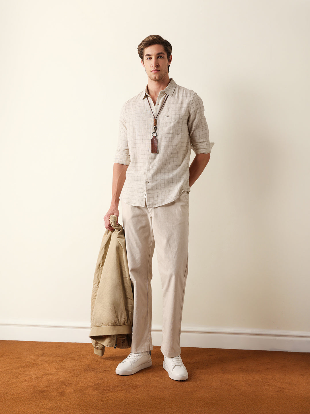 cream slim fit casual shirt with woven block check pattern cream slim fit casual shirt with woven block check pattern