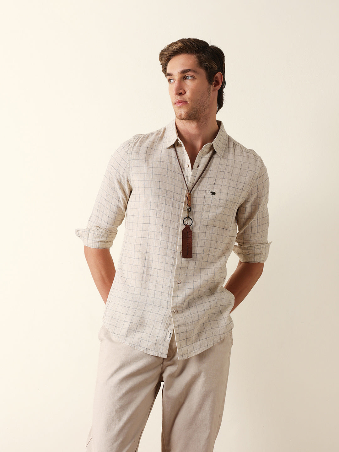 cream slim fit casual shirt with woven block check pattern cream slim fit casual shirt with woven block check pattern
