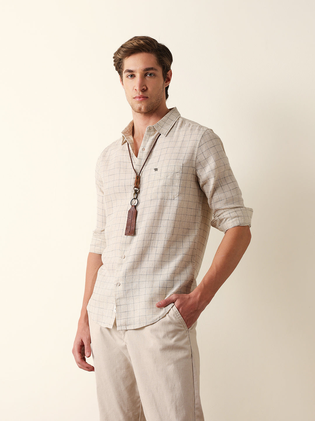 cream slim fit casual shirt with woven block check pattern cream slim fit casual shirt with woven block check pattern