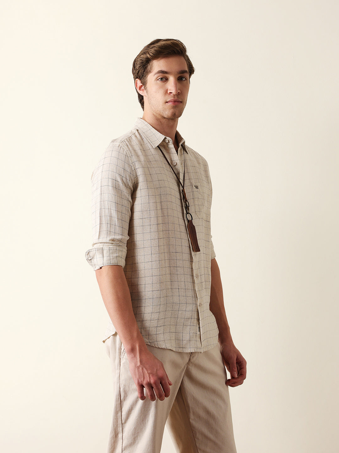 cream slim fit casual shirt with woven block check pattern cream slim fit casual shirt with woven block check pattern