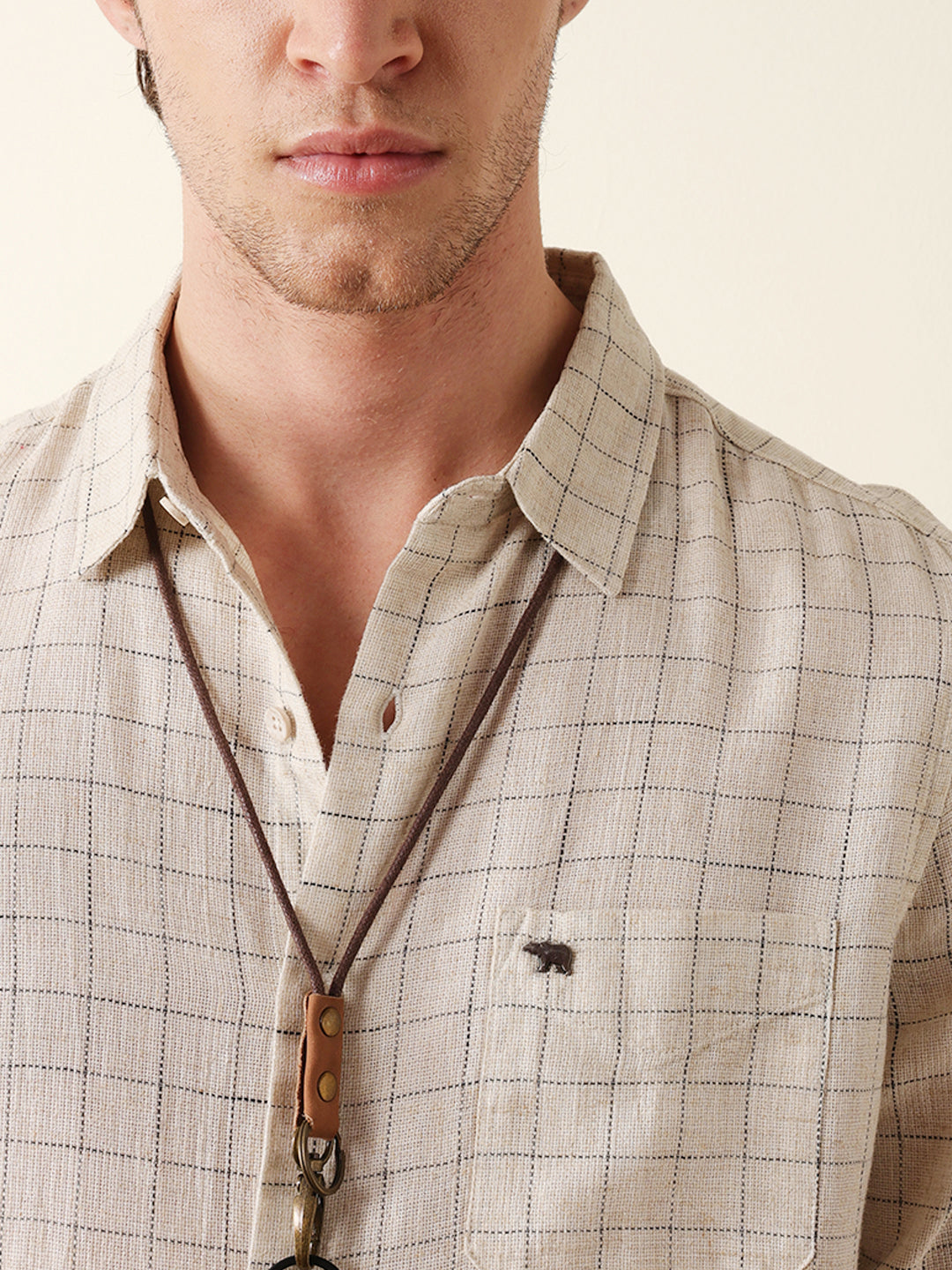 cream slim fit casual shirt with woven block check pattern cream slim fit casual shirt with woven block check pattern