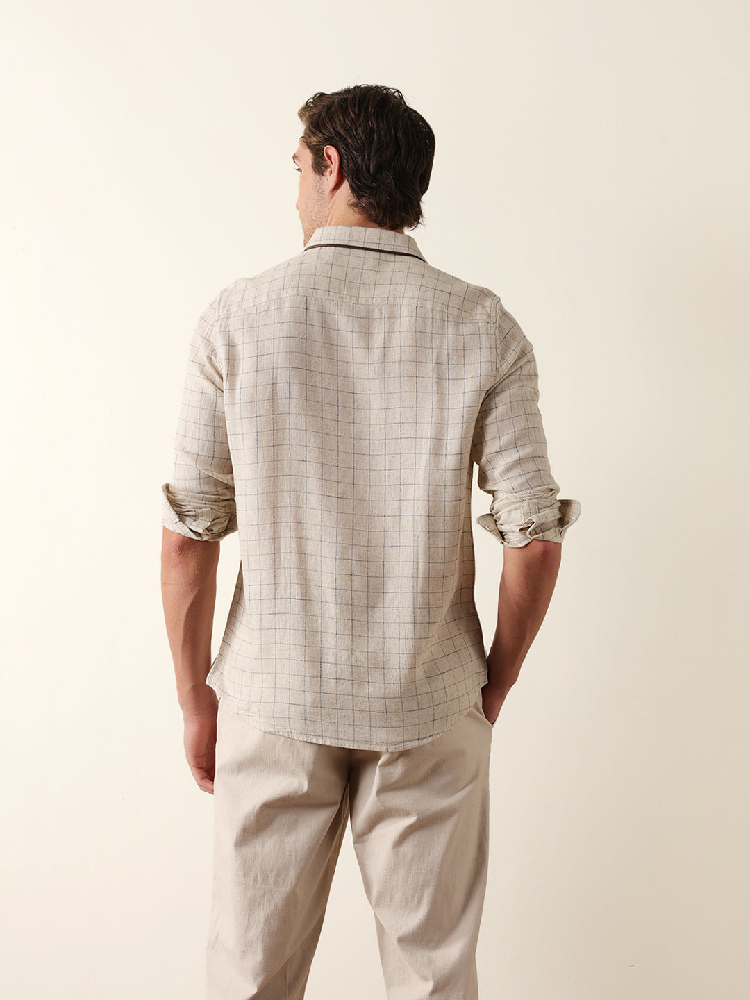 cream slim fit casual shirt with woven block check pattern cream slim fit casual shirt with woven block check pattern