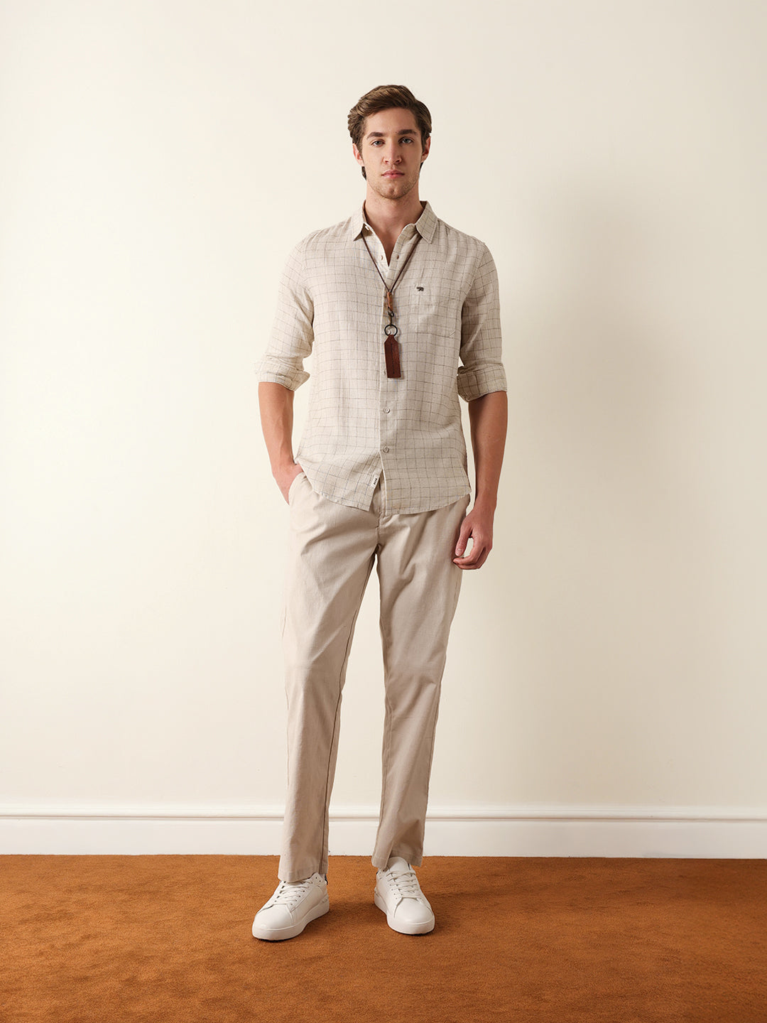 cream slim fit casual shirt with woven block check pattern cream slim fit casual shirt with woven block check pattern