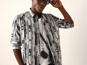 black & off white abstract textured printed regular fit casual shirt