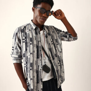 black & off white abstract textured printed regular fit casual shirt