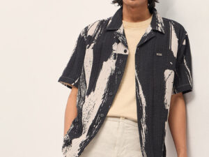 black viscose abstract print relaxed fit cuban collar shirt