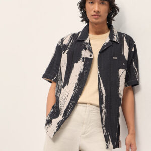 black viscose abstract print relaxed fit cuban collar shirt