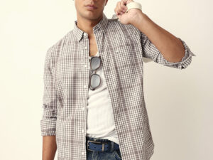 brown & white woven micro checked slim fit casual shirt
