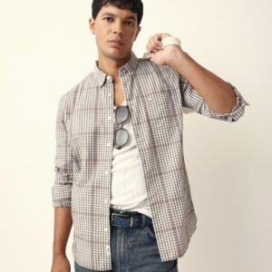 brown & white woven micro checked slim fit casual shirt