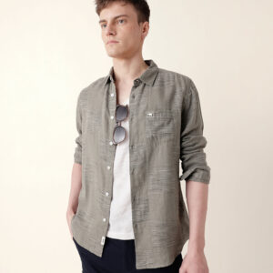 green woven patch block check slim fit casual shirt