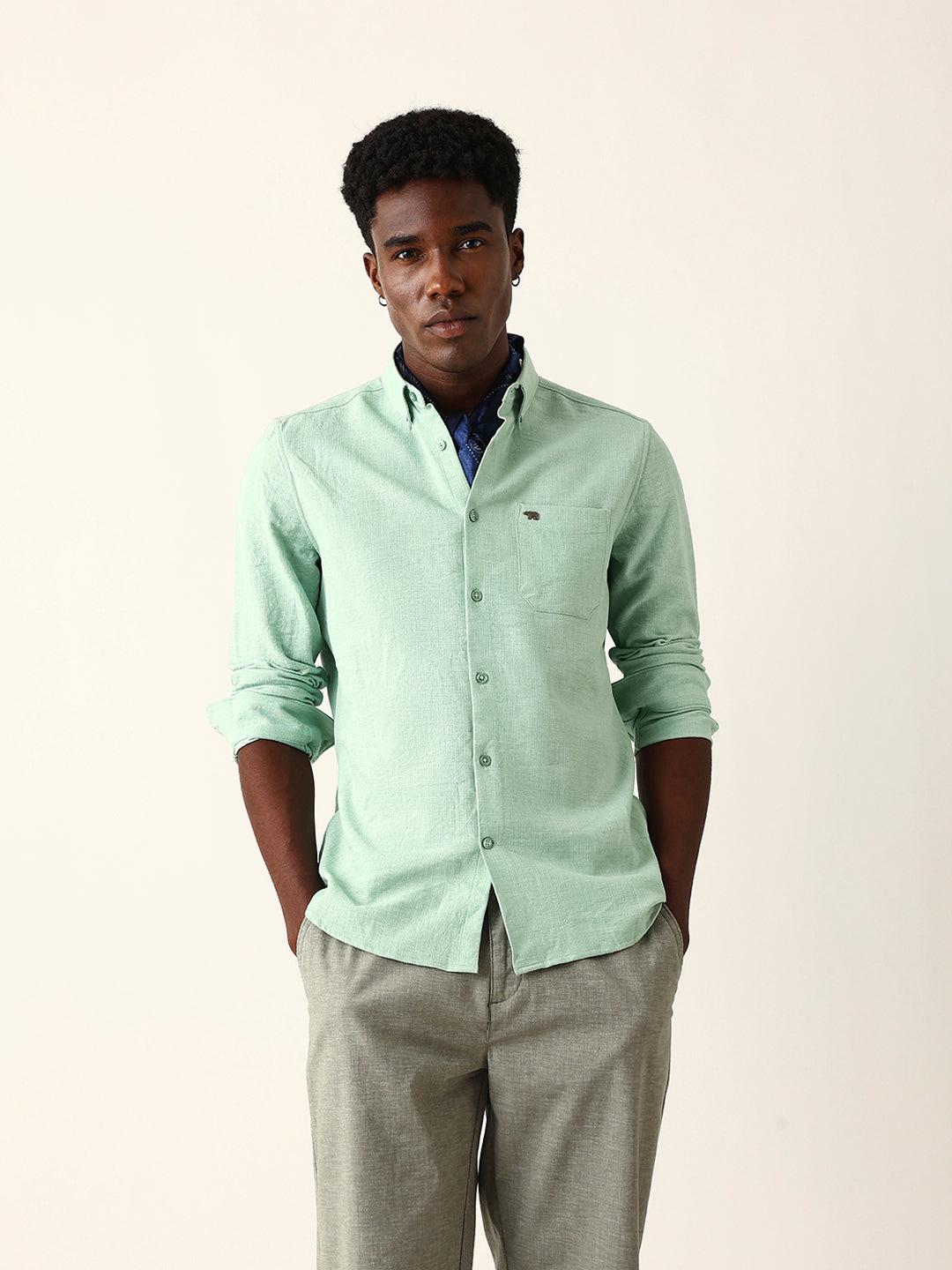 light green slim fit casual shirt with woven textured design light green slim fit casual shirt with woven textured design