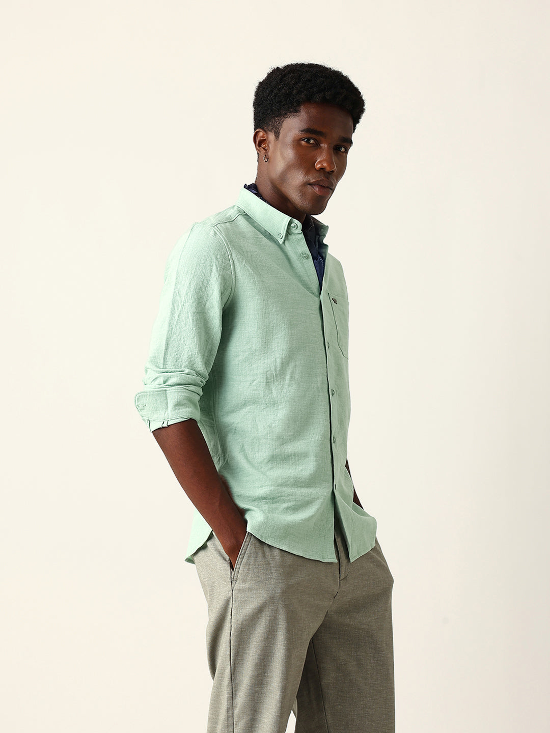 light green slim fit casual shirt with woven textured design light green slim fit casual shirt with woven textured design