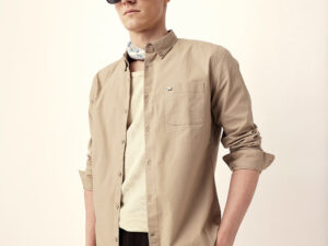 beige solid slim fit casual shirt with button down collar