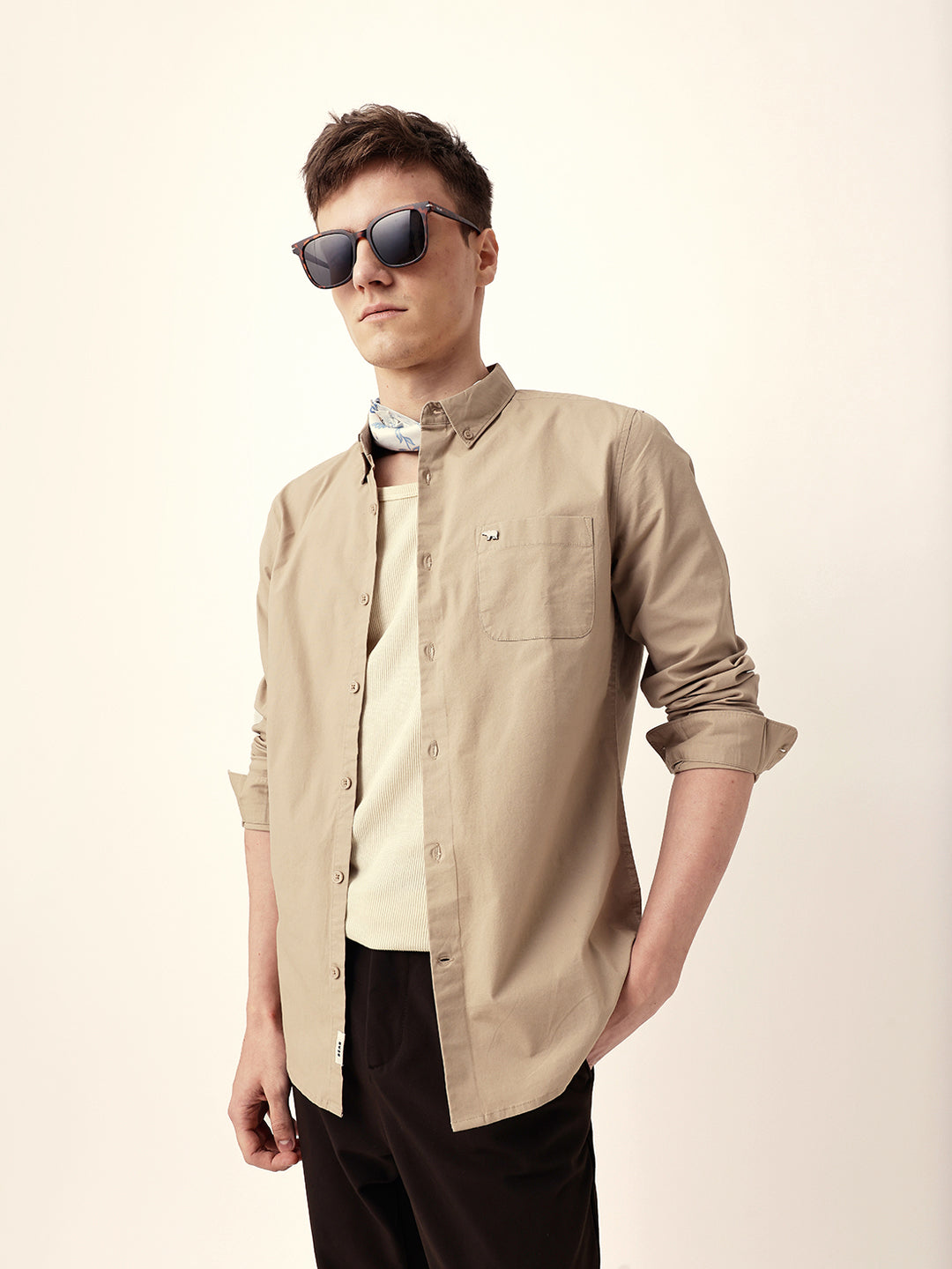 beige solid slim fit casual shirt with button down collar beige solid slim fit casual shirt with button down collar