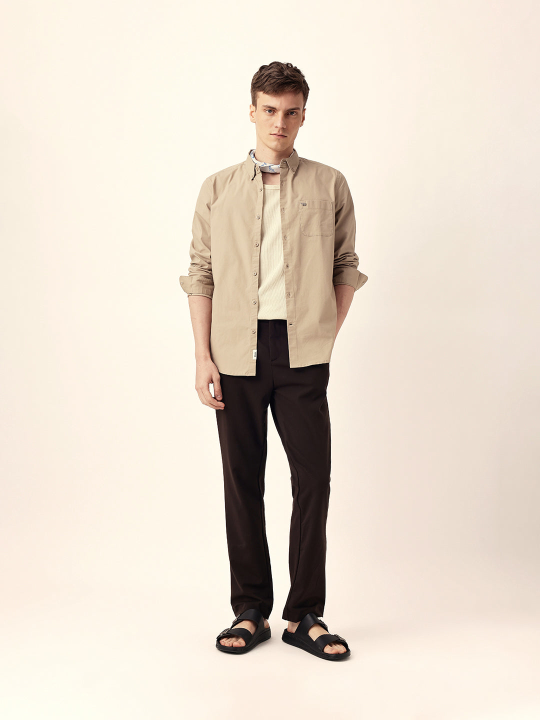 beige solid slim fit casual shirt with button down collar beige solid slim fit casual shirt with button down collar