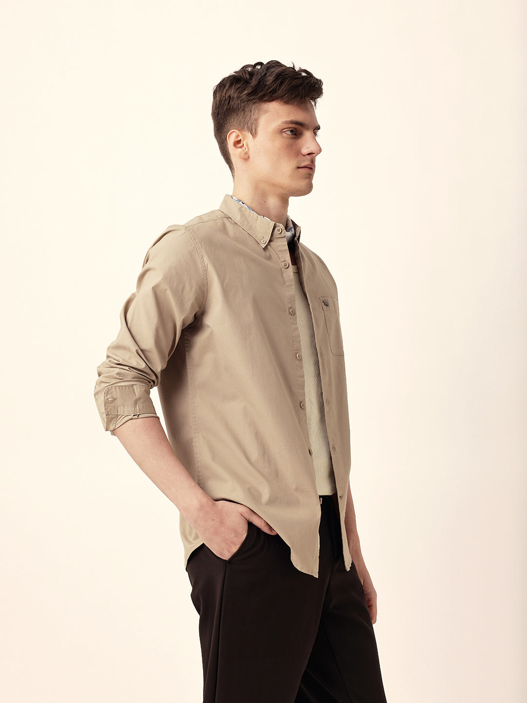 beige solid slim fit casual shirt with button down collar beige solid slim fit casual shirt with button down collar