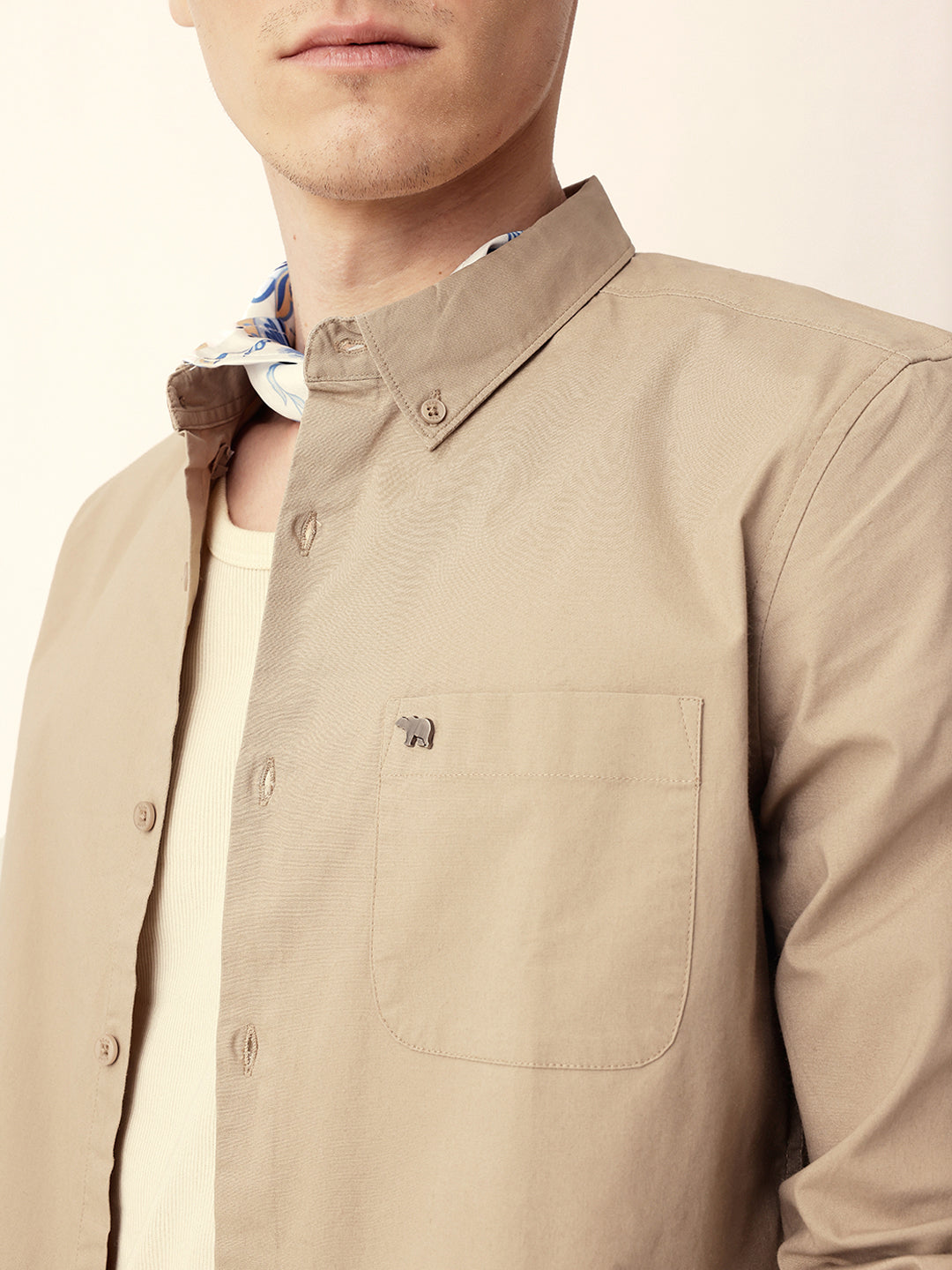 beige solid slim fit casual shirt with button down collar beige solid slim fit casual shirt with button down collar